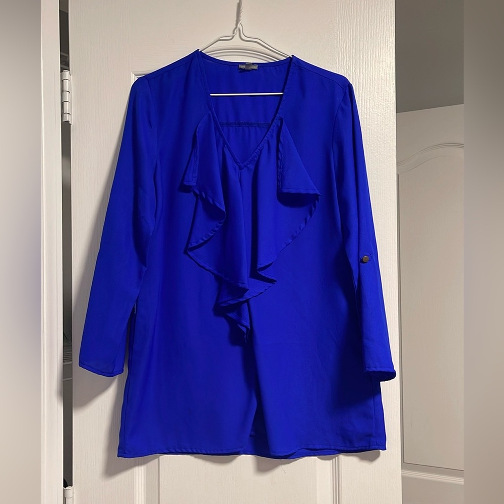 V Neck Frill Ruffle Lined Blouse Colbolt Blue